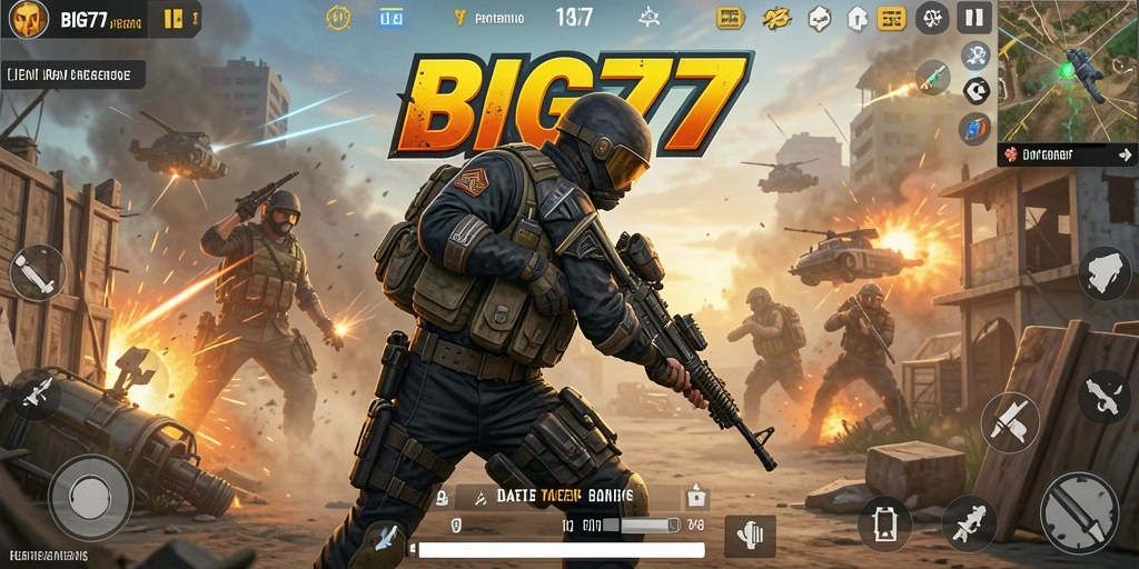 Screenshot BIG77 menampilkan aksi pertempuran epik dalam mode Battle Royale.