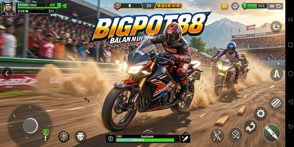 Screenshot gameplay BIGPOT88 yang menampilkan balapan motor seru.