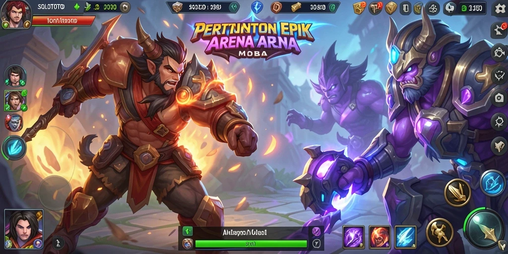 Tampilan gameplay epik dalam pertarungan arena MOBA.